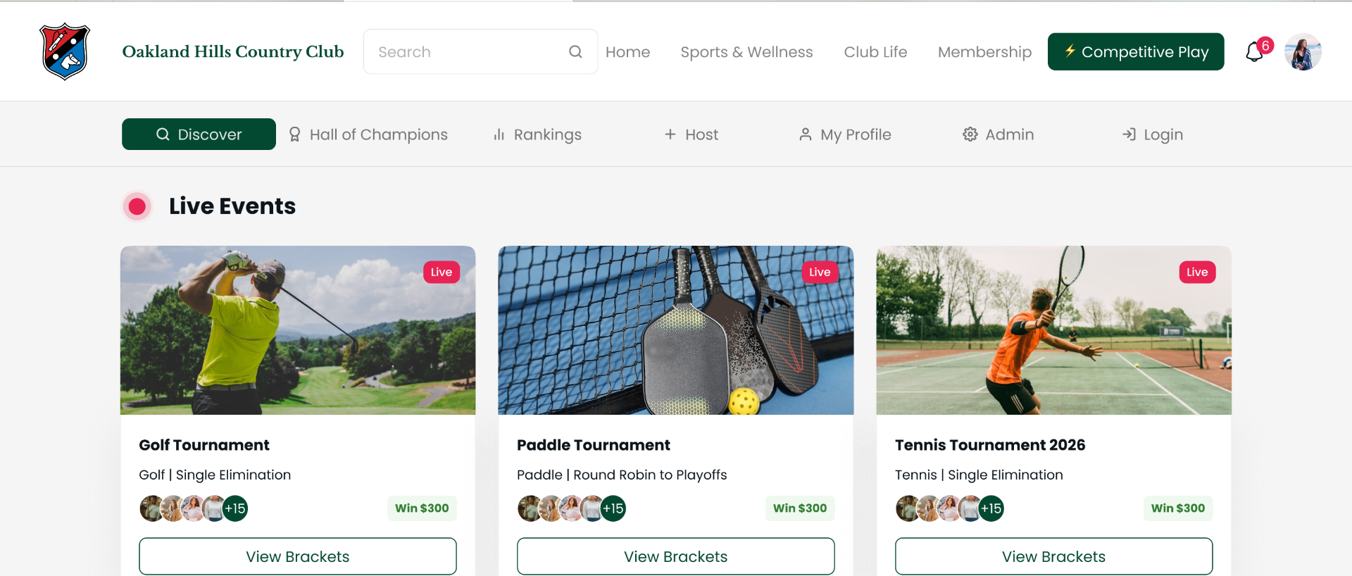 Oakland Hills Country Club portal running on Schoolyard's white-label platform